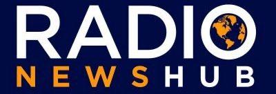 Image is a banner logo for Radio News Hub. It has a navy blue background, with the word "RADIO" in white font at the top. The letter 'o' has a global map within it. Underneath is the word "NEWS" in orange font and "HUB" in white font.
