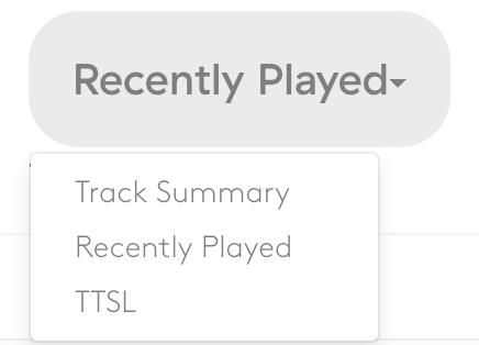 Image shows the dropdown options for selecting Recently Played, Track Summary or TTSL within the Radio.co dashboard.