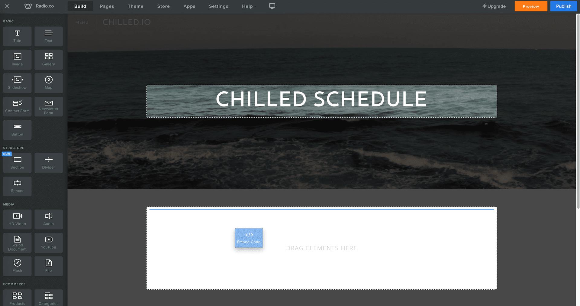 Image shows how to add an embed block within the Radio.co website builder