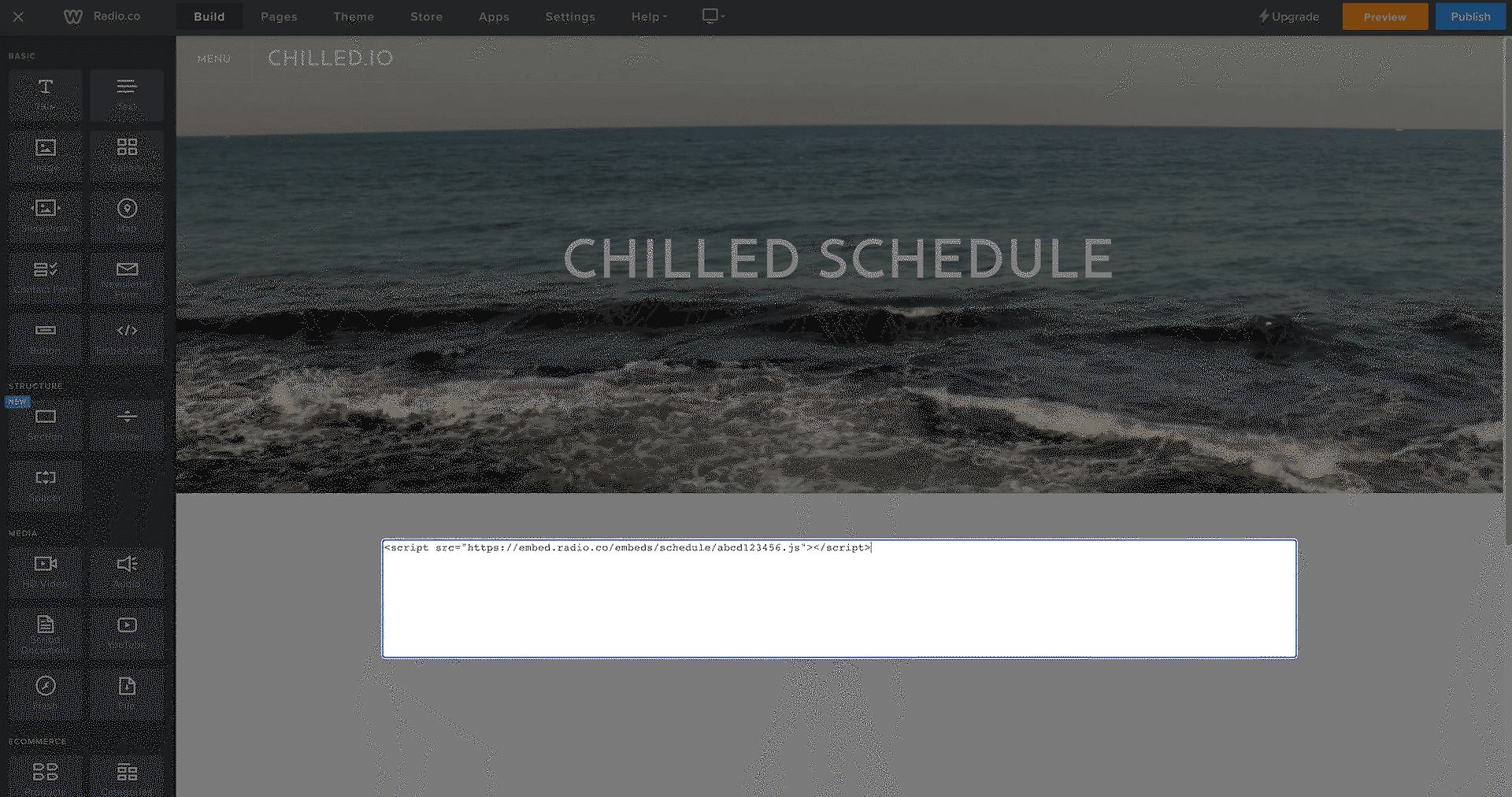 Image shows radio schedule code being embedded on website