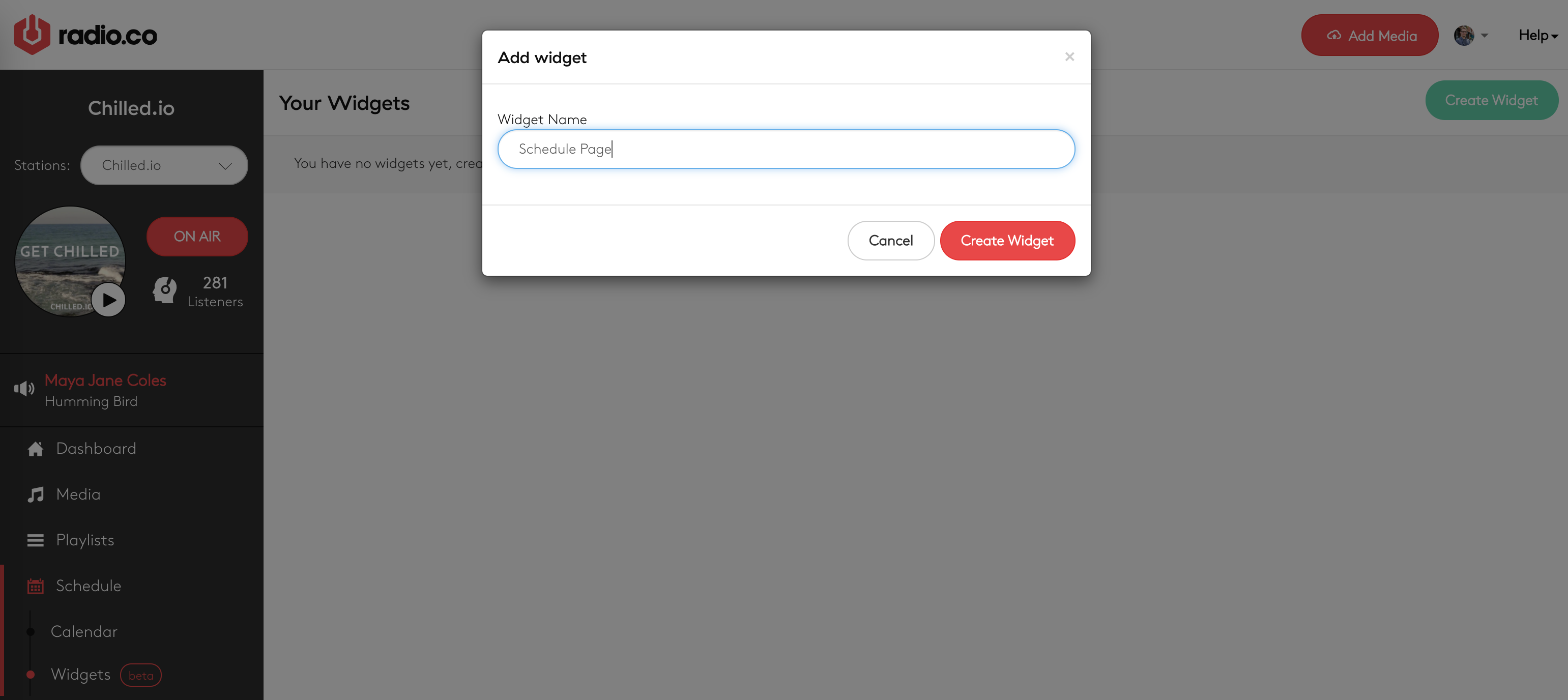 Image shows the window for creating a radio schedule widget in Radio.co.