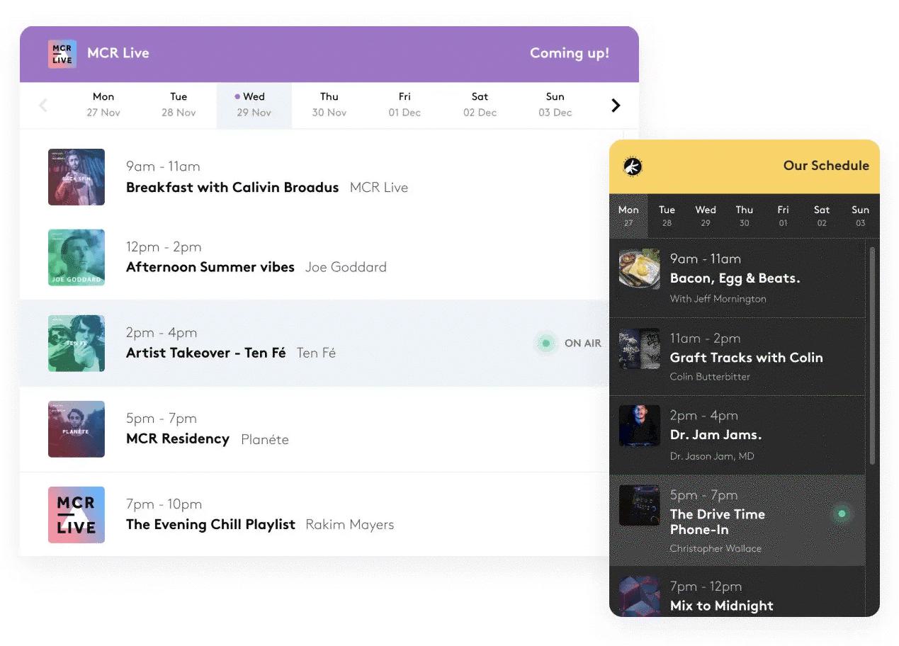 Image shows two examples of the Radio schedule from Radio.co.