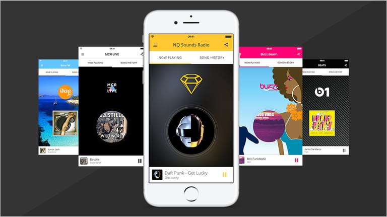 This is an image showcasing the various Radio Station Apps on a black background. The graphic shows a white iPhone in the centre with a stock radio station visible. On the left and right of the iPhone are the other stock radio stations.