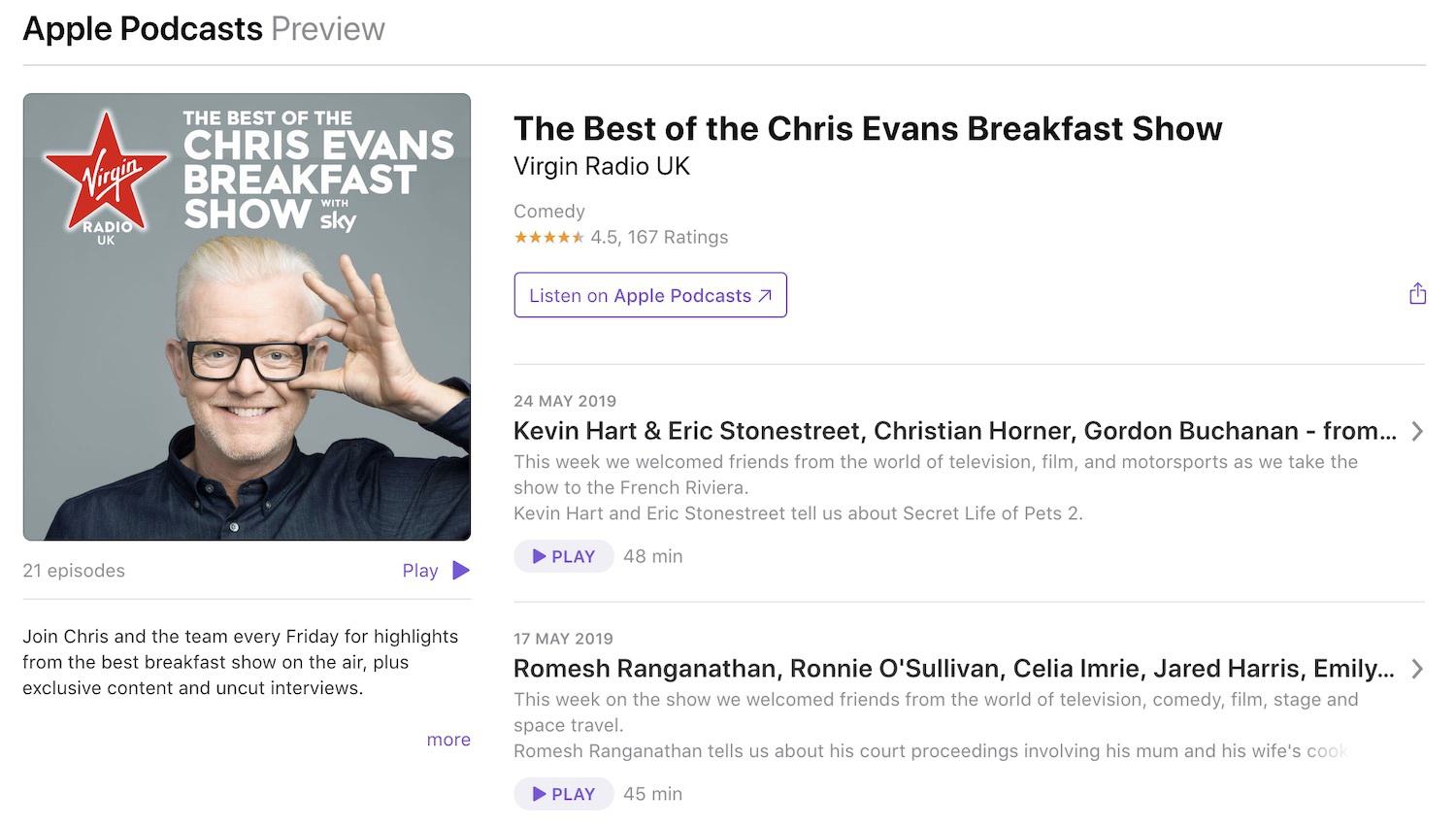 Image shows the Apple Podcast page for The Best of the Chris Evans Breakfast Show.