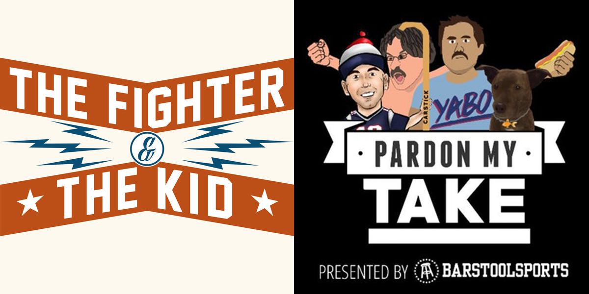Image shows artwork for the two podcasts,The Fighter & The Kid and Pardon My Take, side by side.