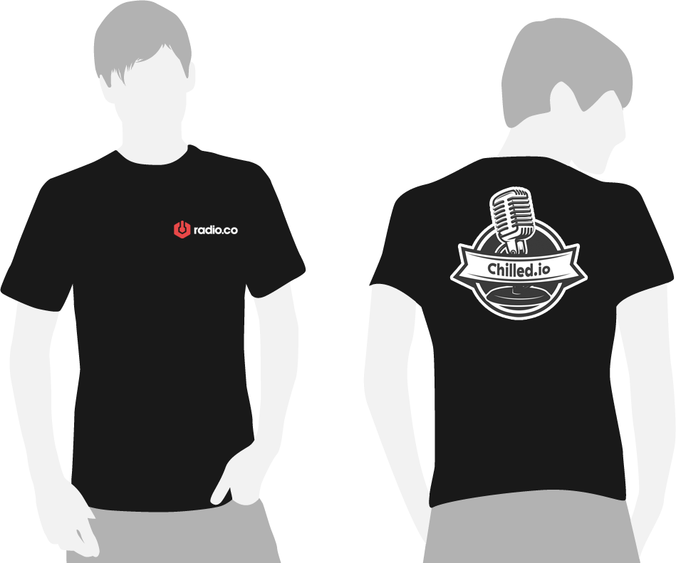 This is a stock image of an illustrated man wearing a Radio.co t-shirt design mockup. On the right is one for Chilled.io