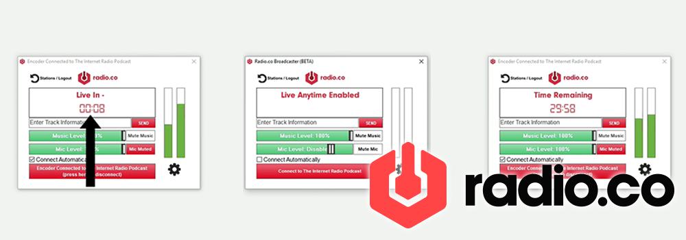 This is a three step image of screenshots, explaining how to use the Radio.co Broadcaster for Windows