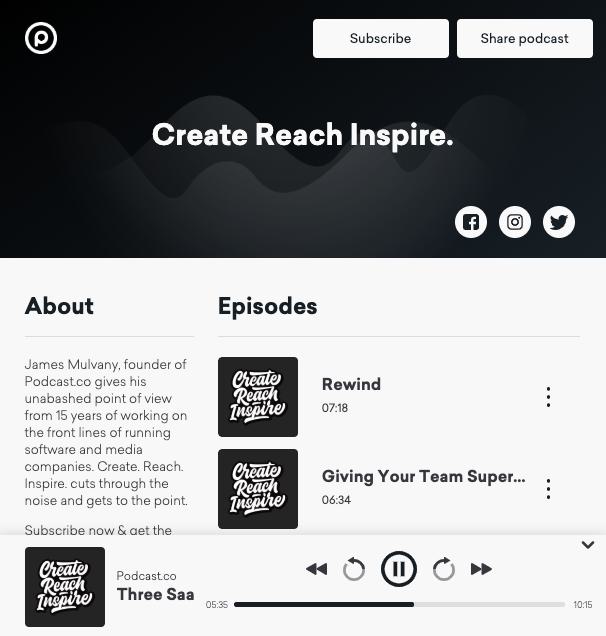 Image shows the Podcast.co page for the Create Reach Inspire podcast.