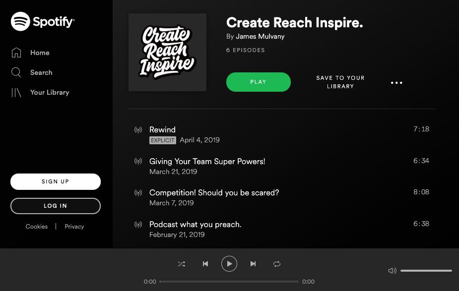 Image shows the Create Reach Inspire podcast episodes, listed within the Spotify.
