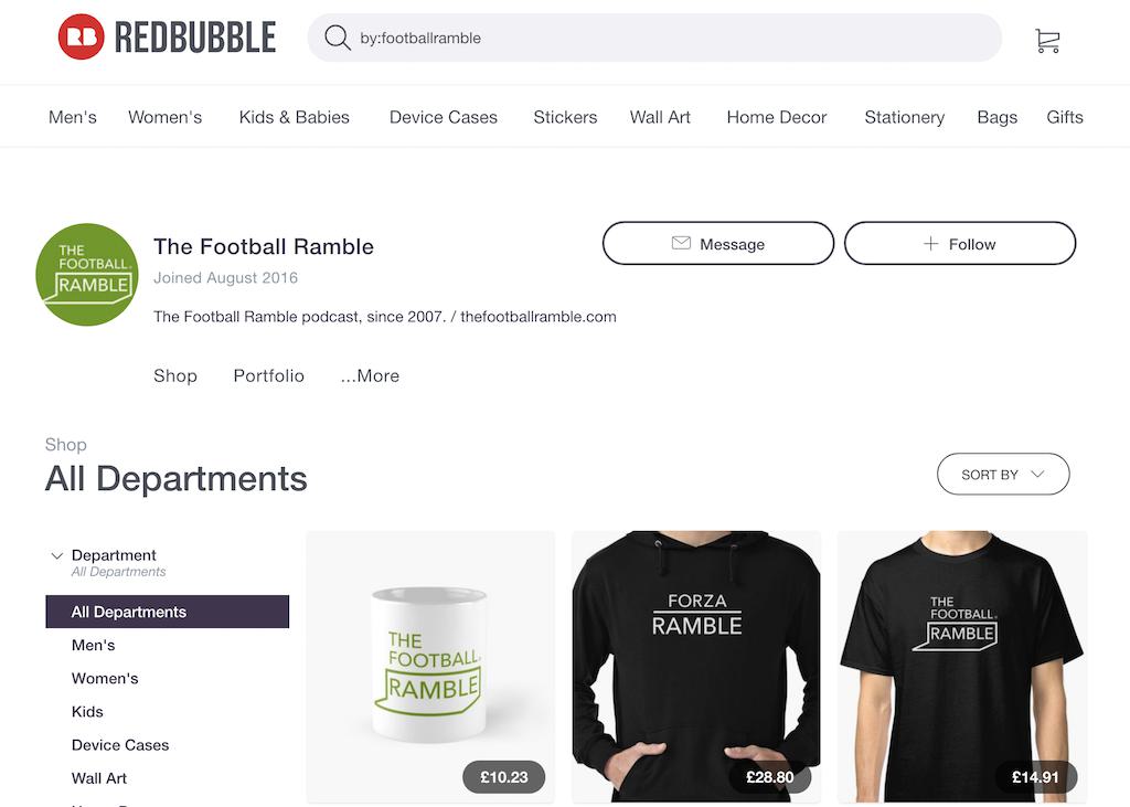 Image is a screenshot from The Football Ramble website showing their merchandise page.