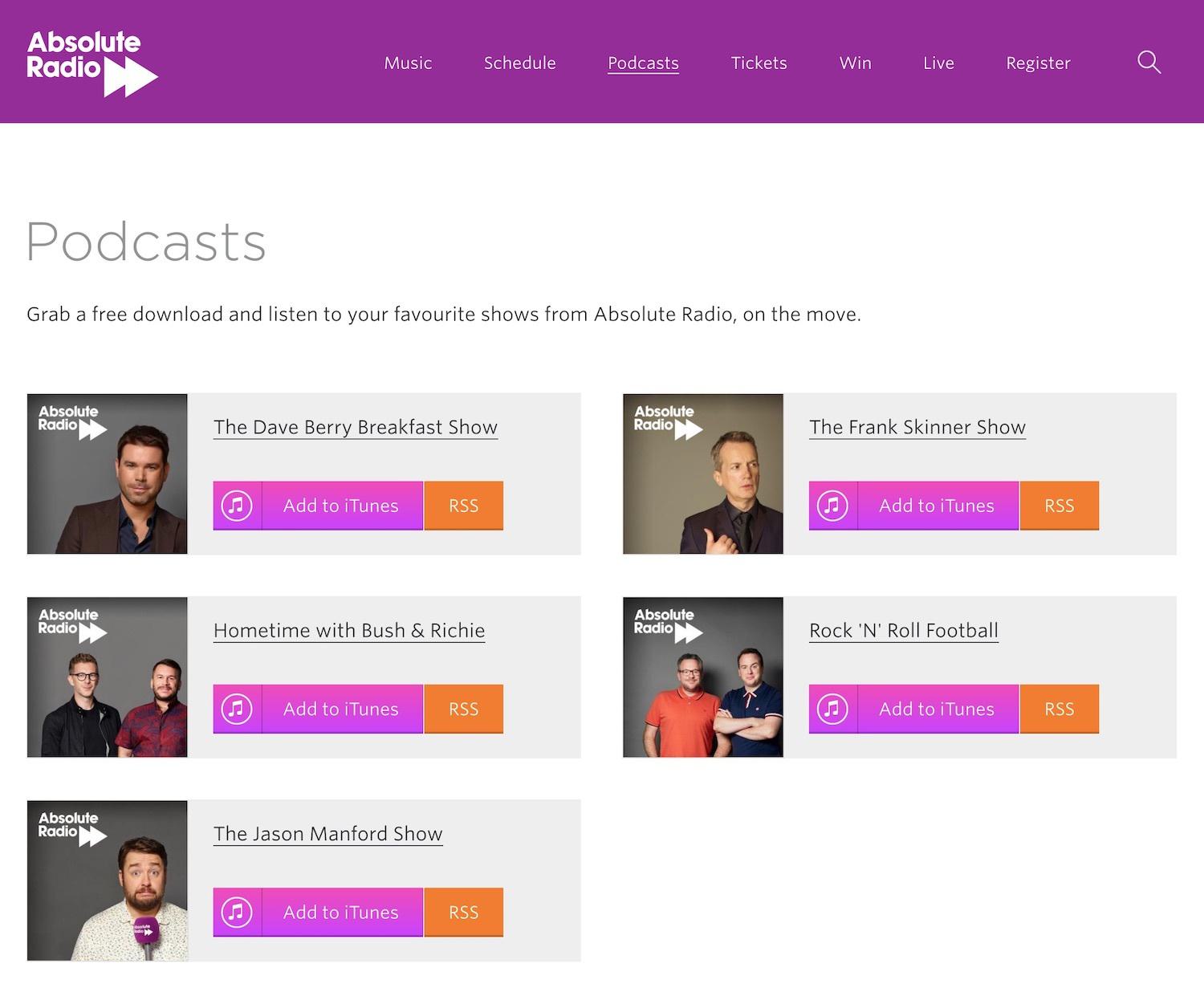 Image shows the Podcasts page on Absolute Radio's website.