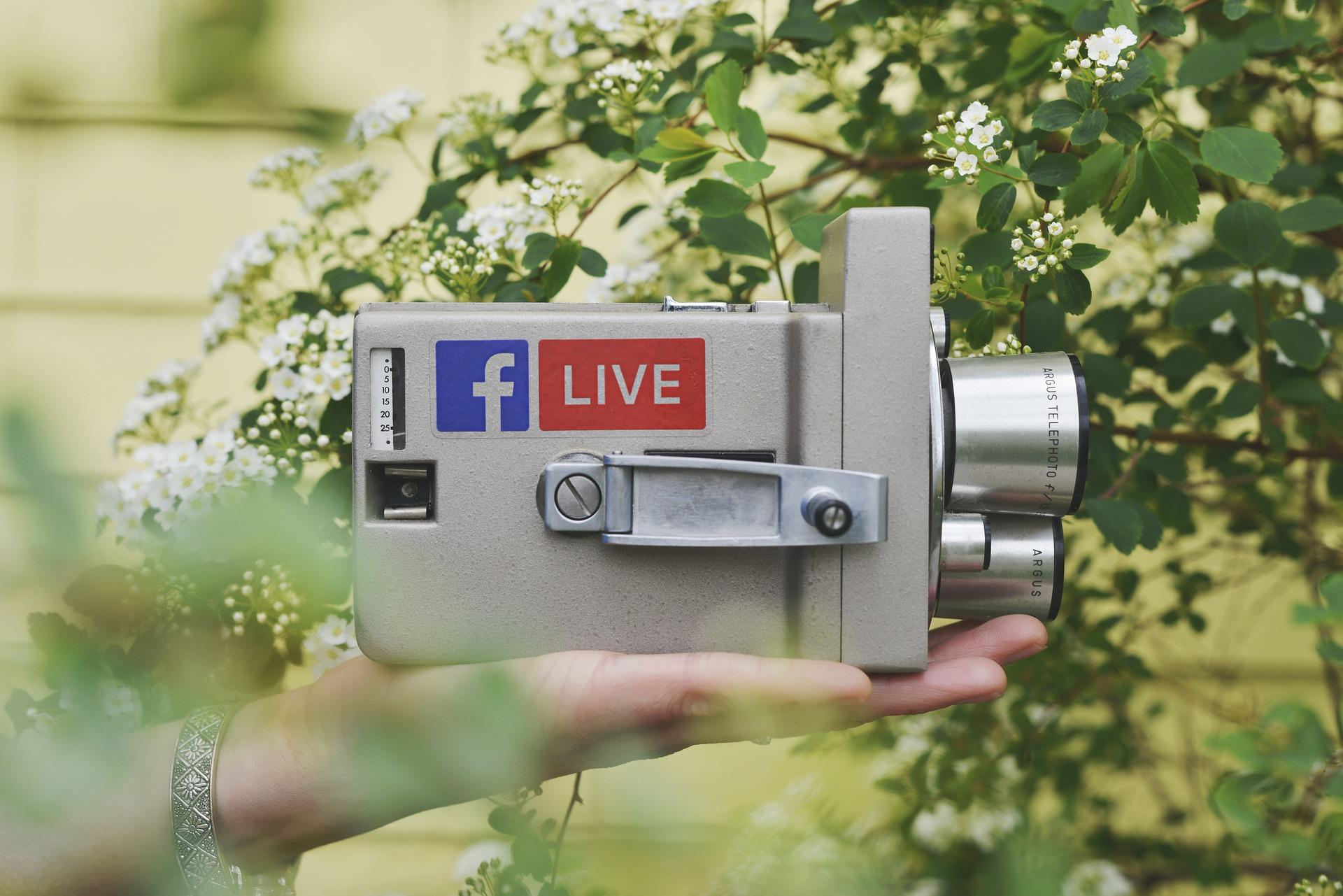 Image is a hand in a garden, holding an old metal video camera that has a Facebook Live sticker on it.
