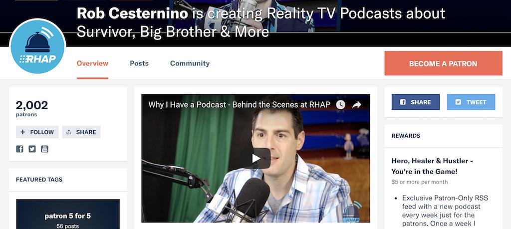 Image shows the Patreon page for Rob Cesternino.