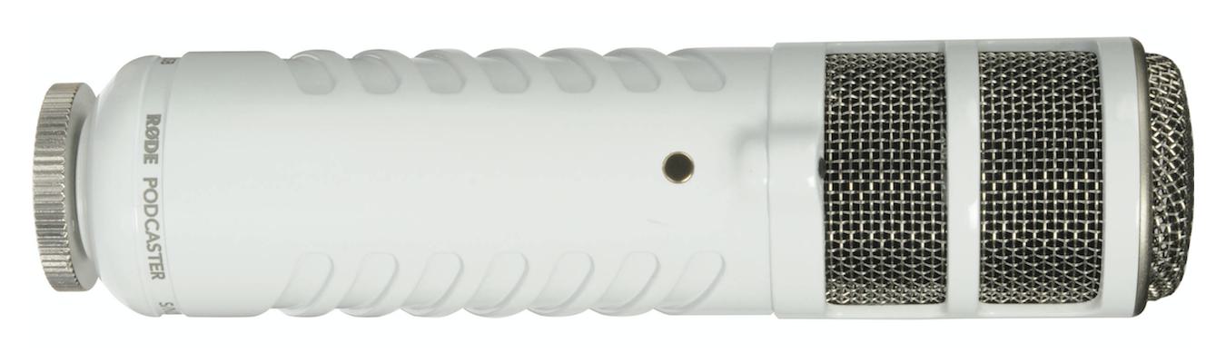 Image shows a white RODE podcaster microphone laid on its side, against a white background.
