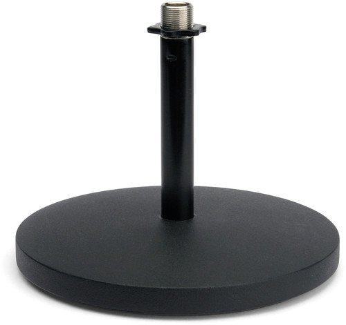 Image shows the bottom part of a black microphone stand.