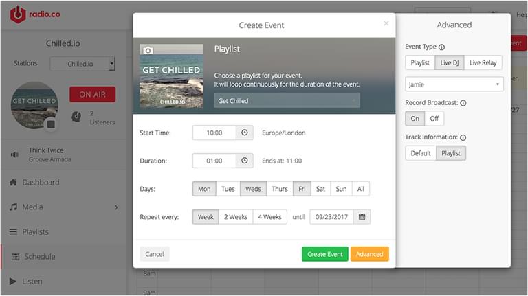 This is a white image of how the Radio.co dashboard looks when scheduling Radio Shows and Dj Live Events. White and red lists.