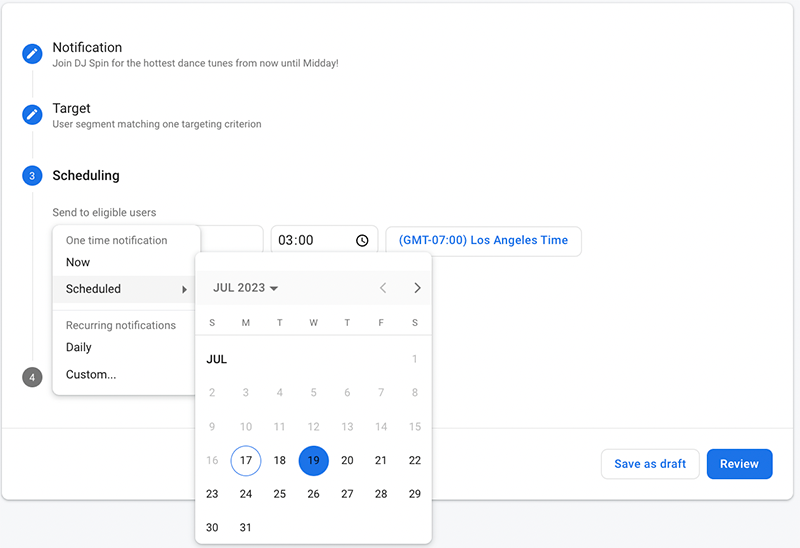A screenshot showing the scheduling section for push notifications in Firebase.