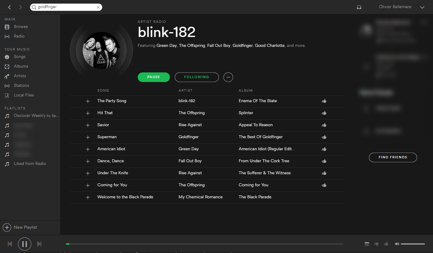 Image shows the Blink-182 Artist radio page on Spotify.