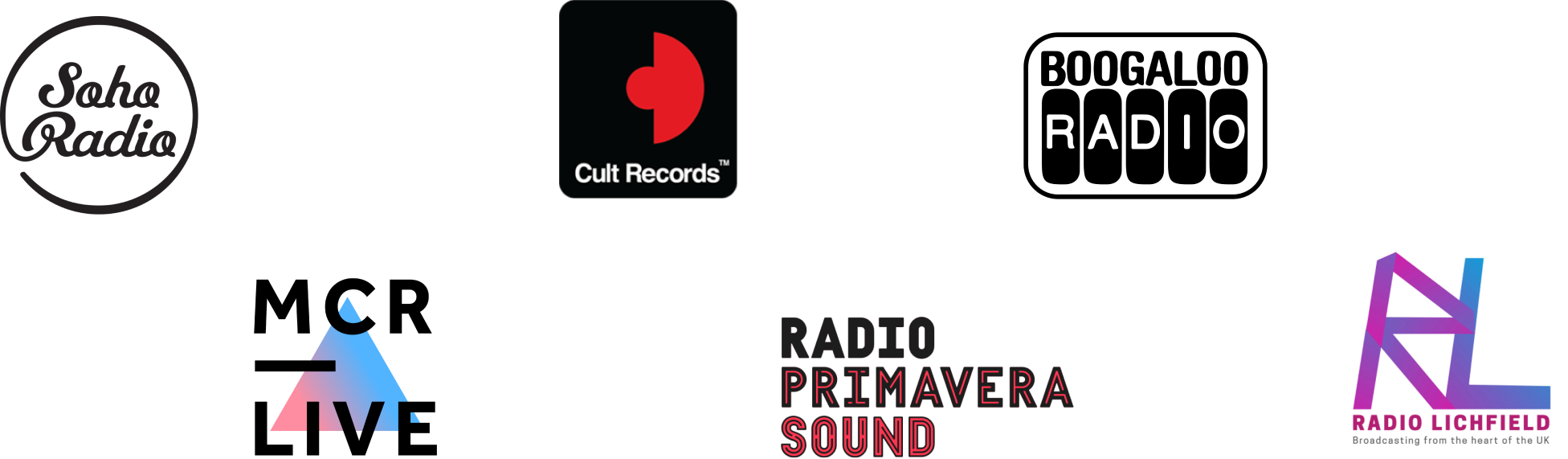 These are the images of 6 recognisable brand logos: Soho Radio, a white and black circle, MCR Live, black text over a blue and pink triangle, Cult Records, a C on a black and red background appearing to be a record in a sleeve, the black and red text of 'Radio Primavera Sound', Boogaloo Radio a black and abstract shaped logo, and Radio Lichfield, a pink and blue logo in the bottom corner.