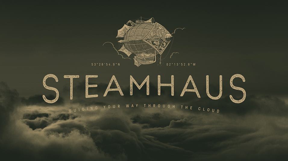 This is a dusky, smoky colour with the Steamhaus logo in the middle. The bottom of the image is a cloud of steam.