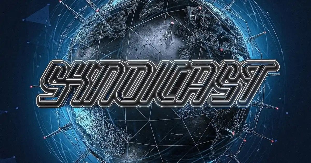 Syndicast logo in a dark blue background and black sansserif writing