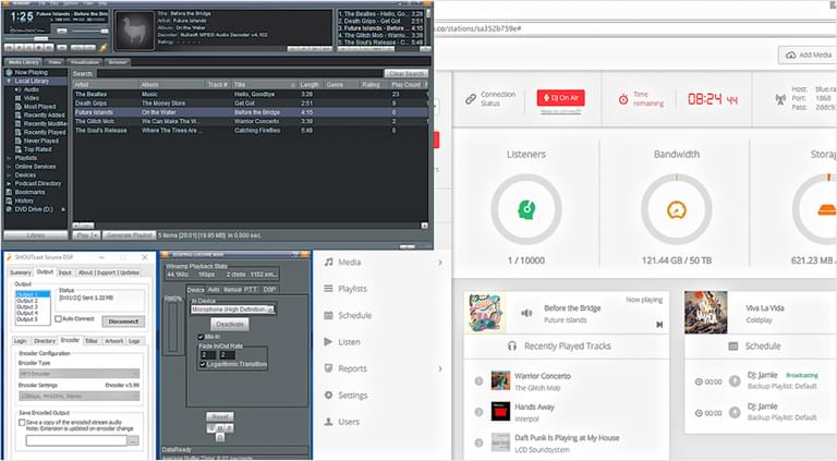 This is a screenshot in black and white of the Radio.co dashboard in order to illustrate how to talk over music for radio and broadcasters.