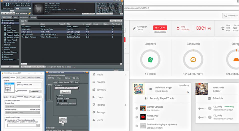 This is a screenshot in black and white of the Radio.co dashboard in order to illustrate how to talk over music for radio and broadcasters.
