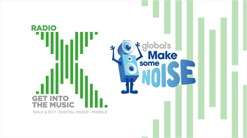 An image of the Radio X logo. It is a white background with a green X in the centre reading 'Radio X Get Into The Music'. On the right is a blue logo of 'Global's Make some Noise' with a little speaker with legs illustrated next to it.