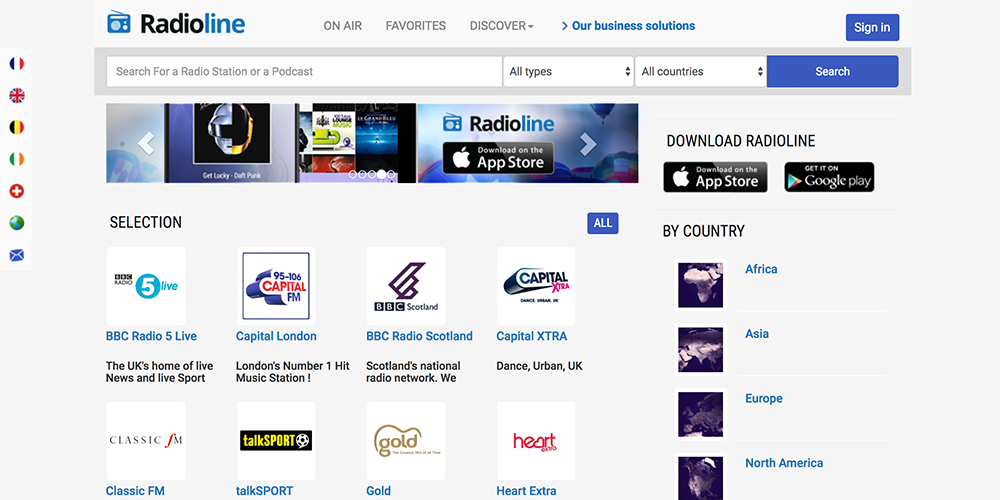 Image shows the homepage of the website Radioline.