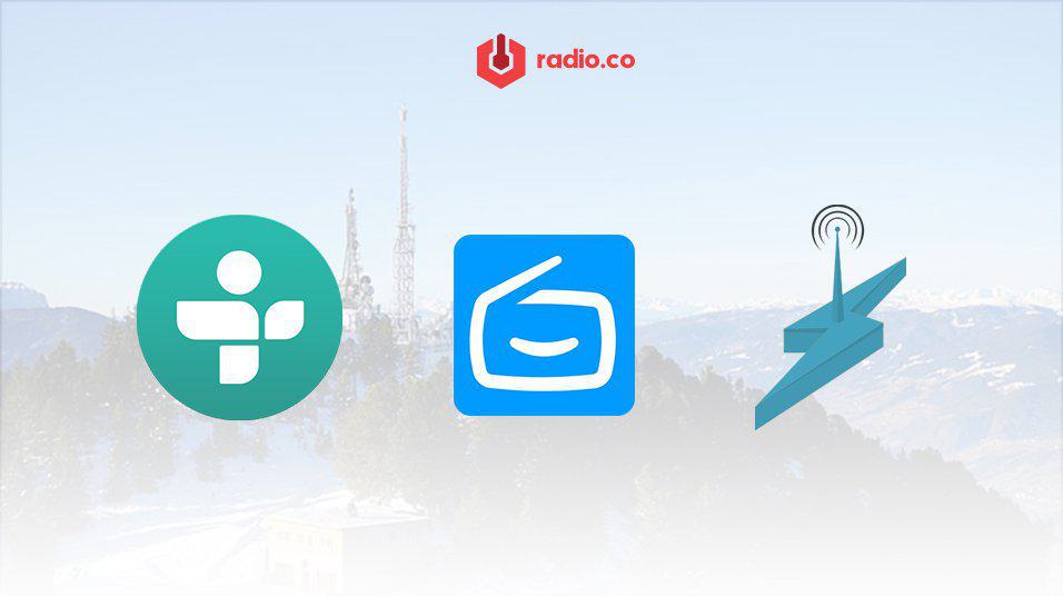 This is a white faded background with the Tunein, Streema and Shoutcast logos next to each other. Above is the red radio.co logo in smaller text.
