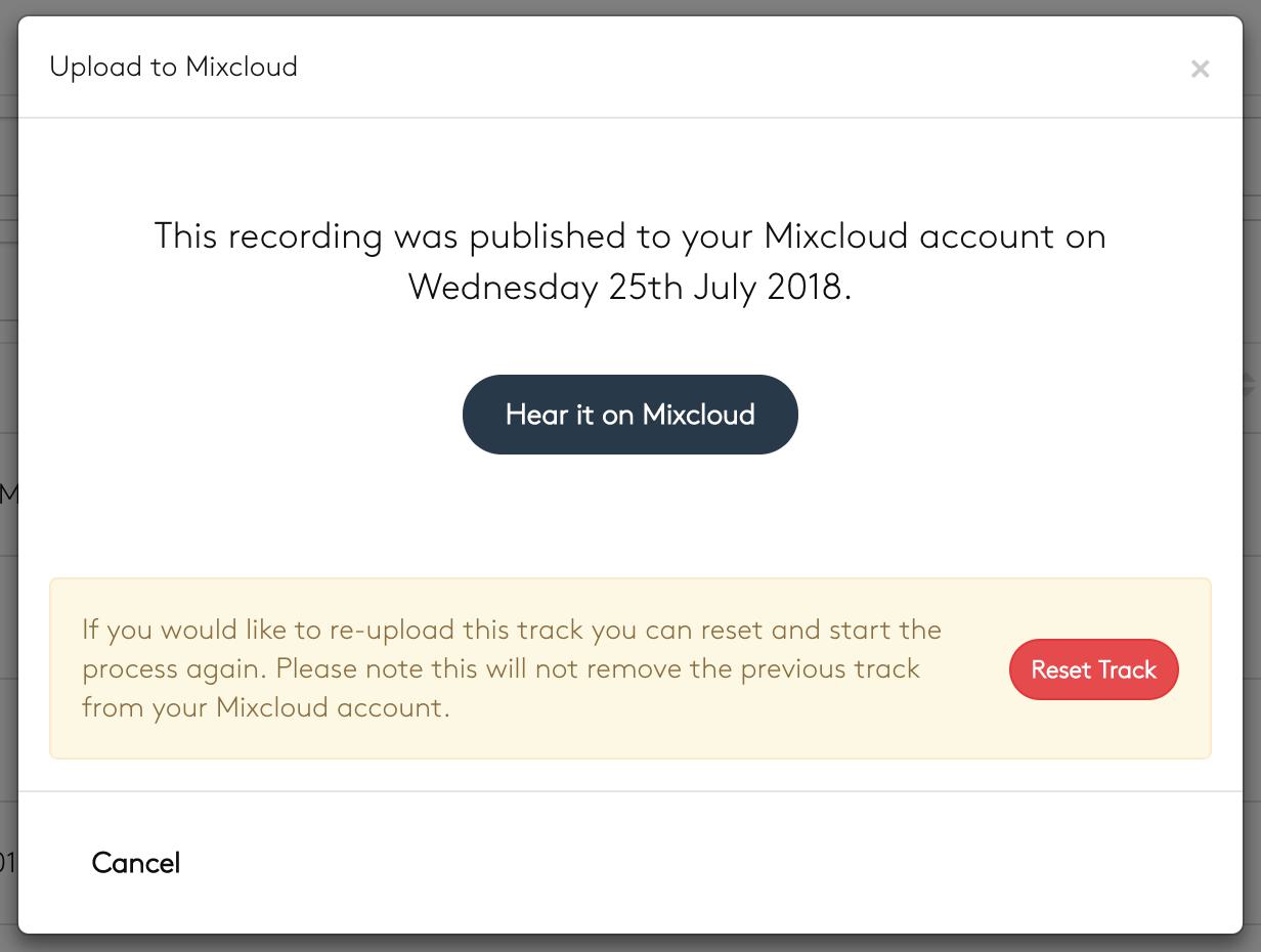 Image shows the Upload to Mixcloud window in Radio.co.