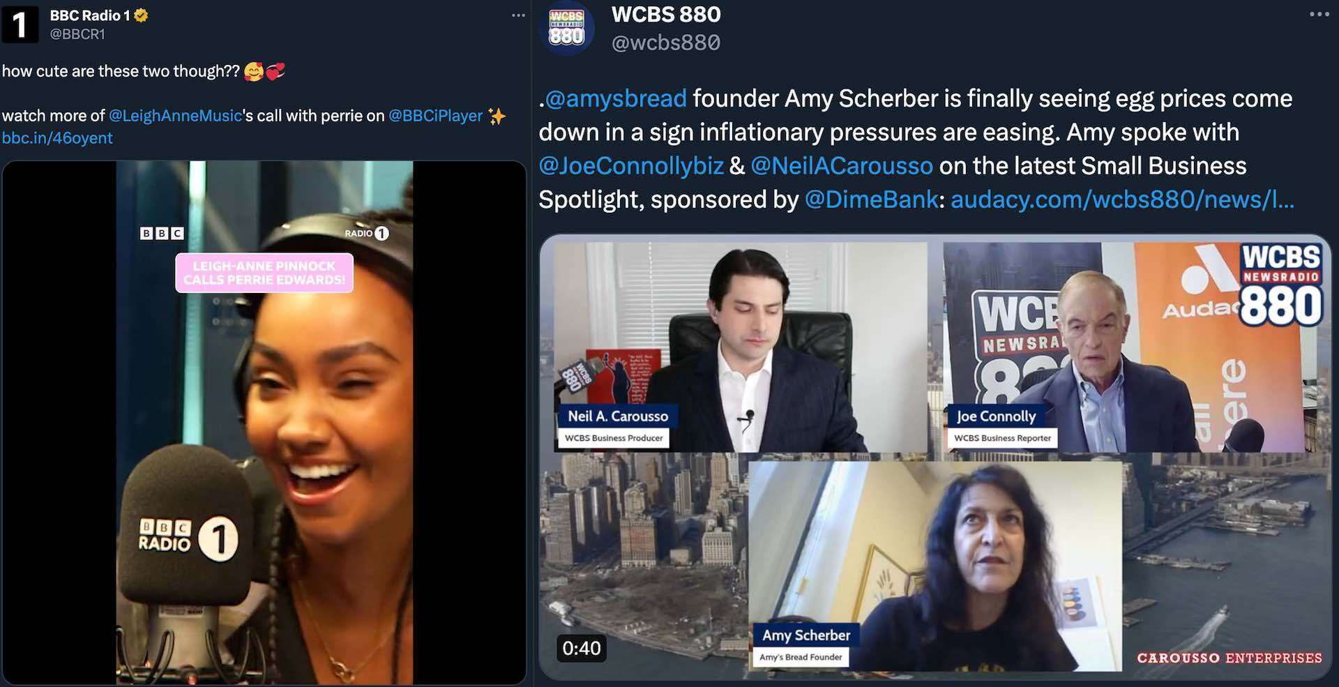 Two screenshots showing BBC Radio1 and WCBS 880 tweets side by side. Both screenshots show a photo of the radio stations guests.
