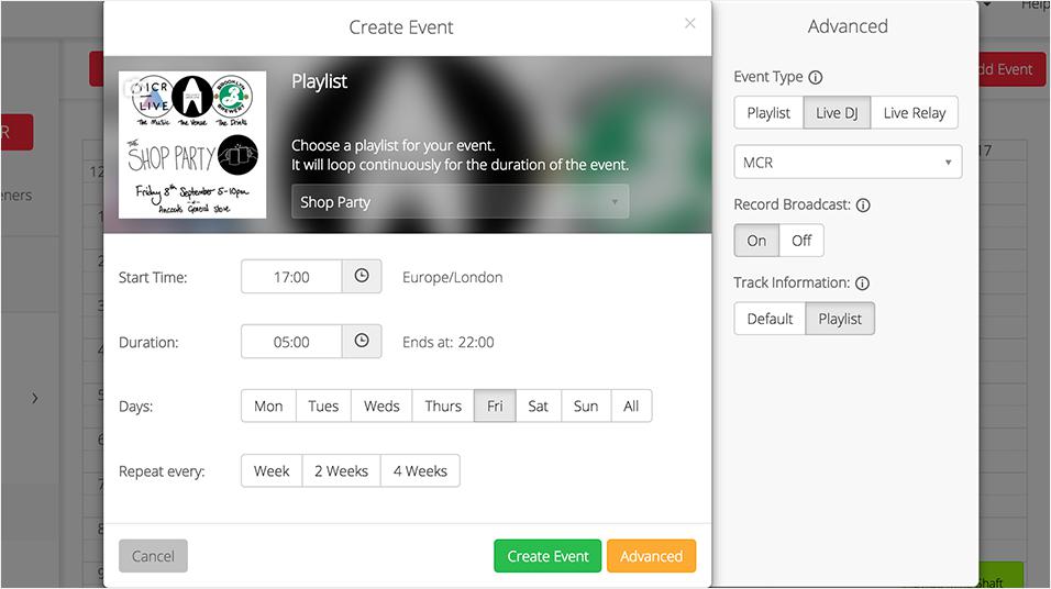 This is a screenshot of how a Voice Tracking Live Shop Party Event appears. A white text box with a Playlist in the centre and a list of options on the left.
