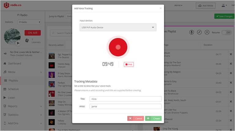 This is a white screenshot of the Radio.co dashboard. In the centre of the screenshot is a popbux box with a red dot in the centre. It illustrates the voice Tracking in Radio Shows feature.