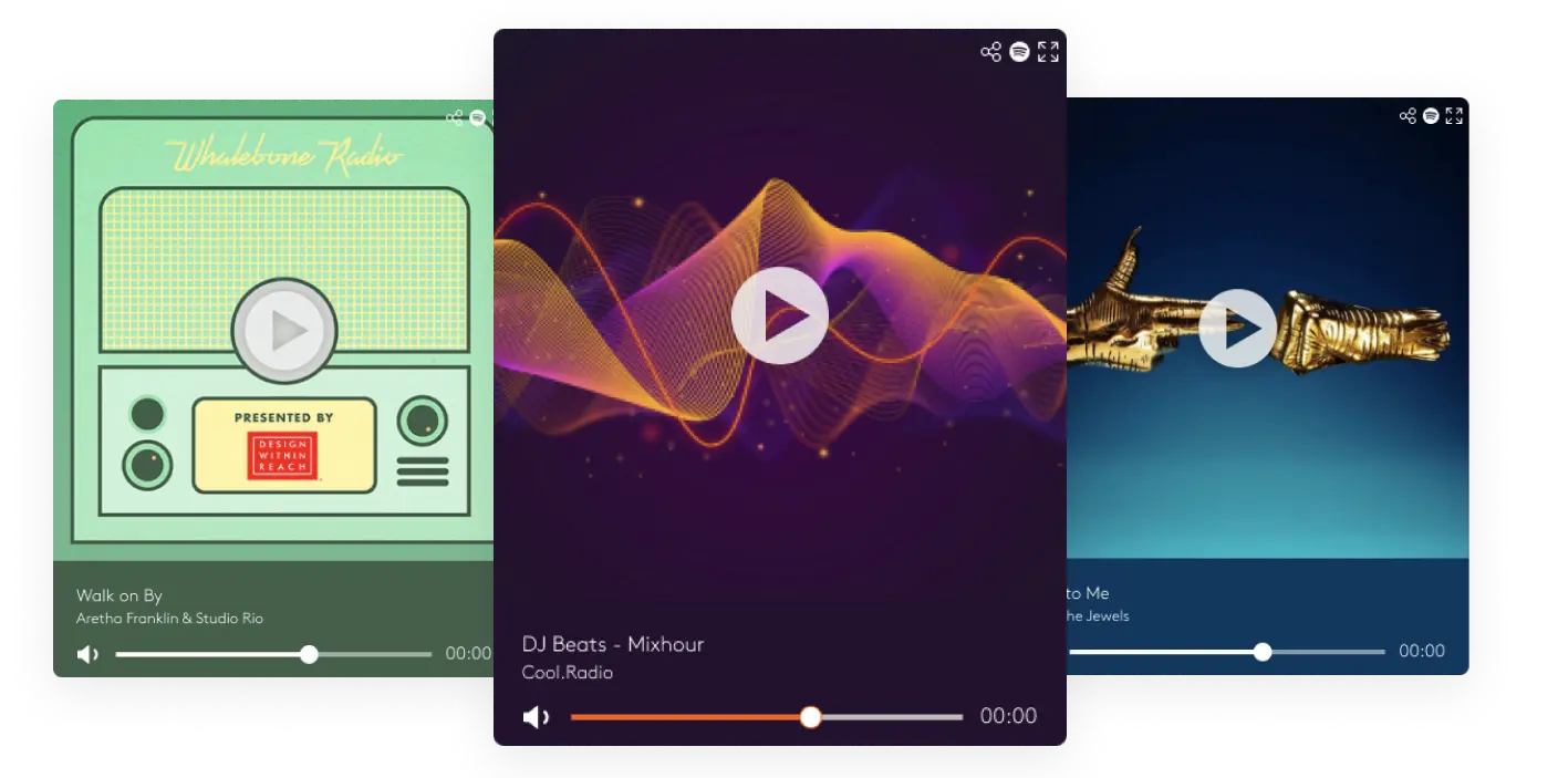 Image shows three examples of the Radio.co web radio players.