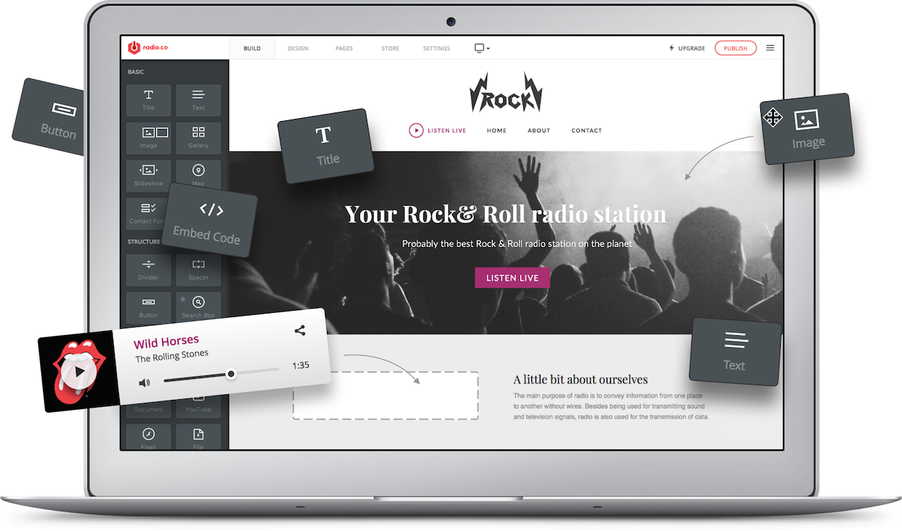 Image shows a graphic design of a website builder, with a laptop and various widgets scattered around the image.