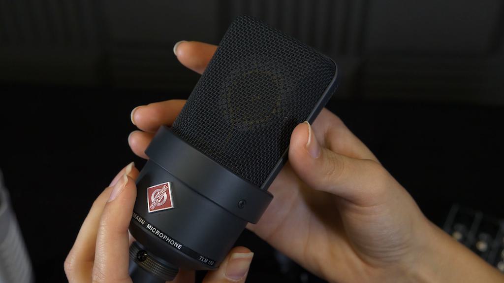 Image shows a pair of hands holding the Neumann TLM103 microphone.