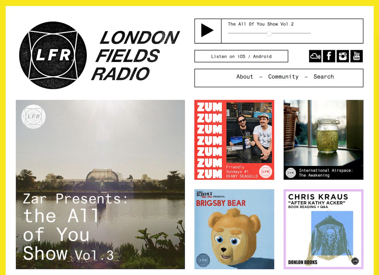 Image shows the London Fields radio station homepage.