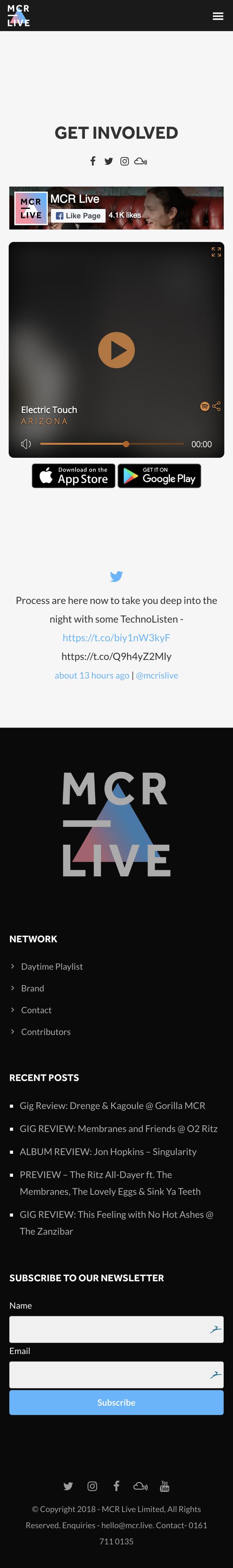 Image shows the mobile version of the MCR Live homepage.