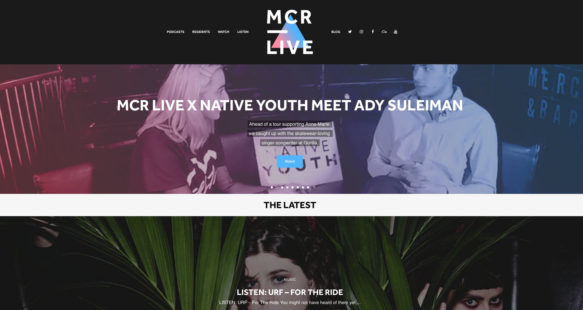 Image shows the MCR Live homepage.