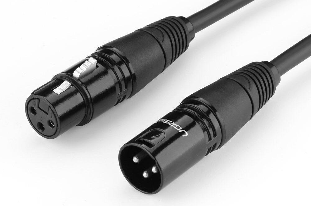 Image shows the female and male ends of a black XLR cable.