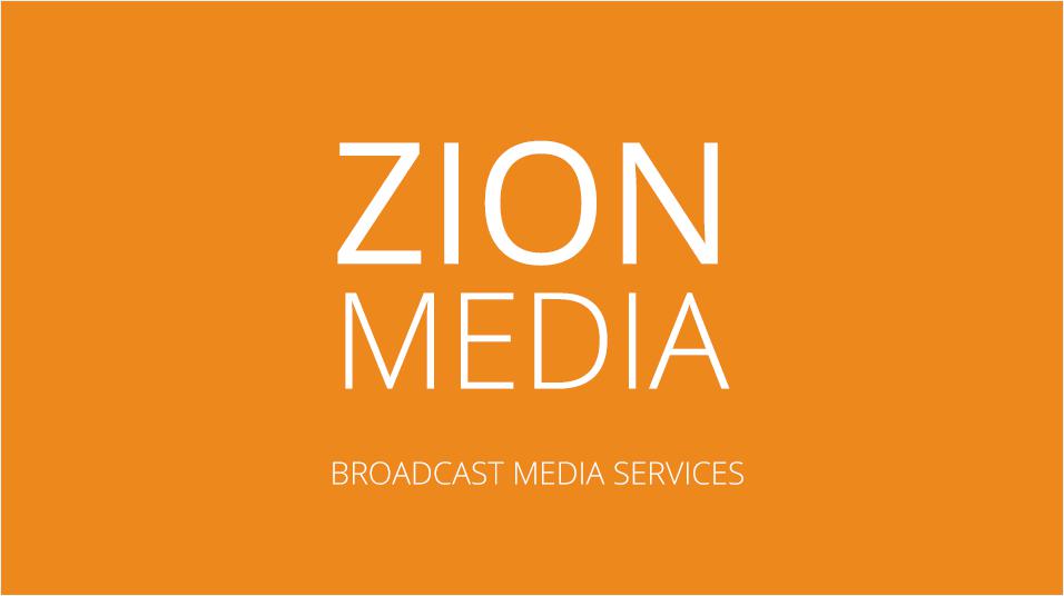 This is a tangerine orange backdrop with Zion Media Custom Broadcast Solutions, written in white text in the middle of the image.